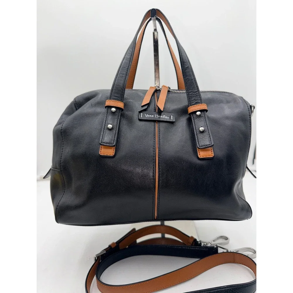 Vera Bradley Black Leather Satchel Crossbody Bag Floral Lining Tan Trim